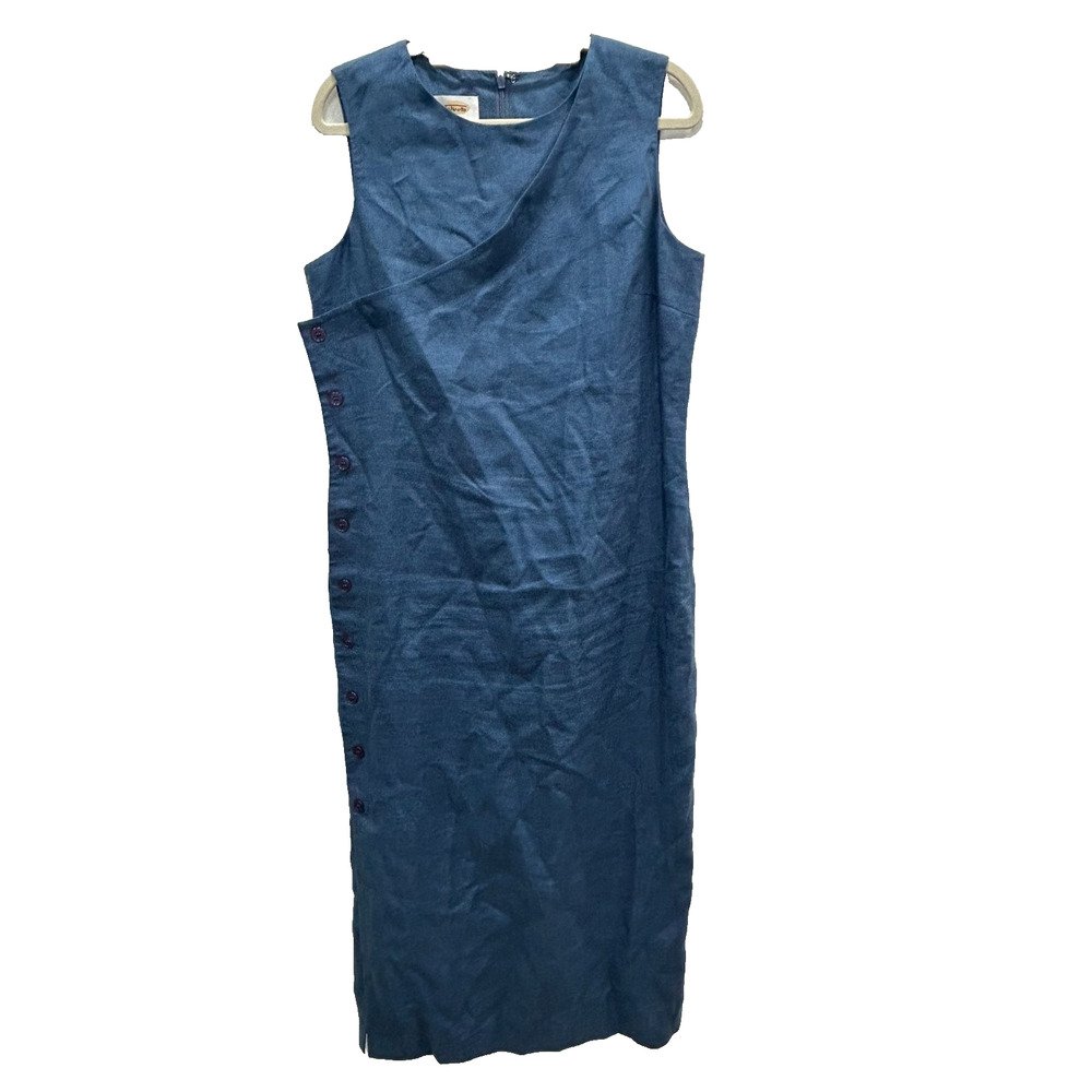 Talbots Womens Irish Linen Dress Sleeveless Crew Neck Side Button Blue Size 10